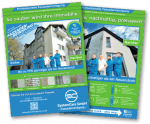SC SystemCare Flyer mit 5-Schritte-Fassadenreinigung, bis zu 6 Jahre Garantie, Graffiti-Entfernung und Außenflächenreinigung.
